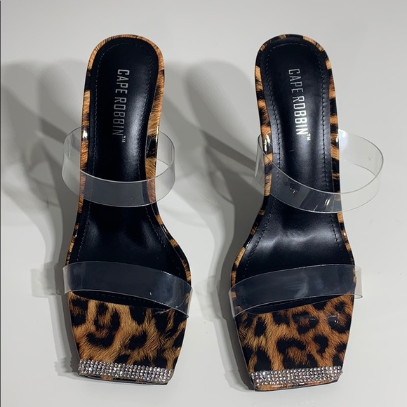 NWOT Leopard Clear Strap open toe square Stiletto - Picture 3 of 8